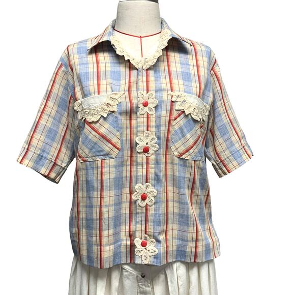 Vintage Other - Vintage Upcycled Womens Plaid Embroidered Accent Button Up Shirt